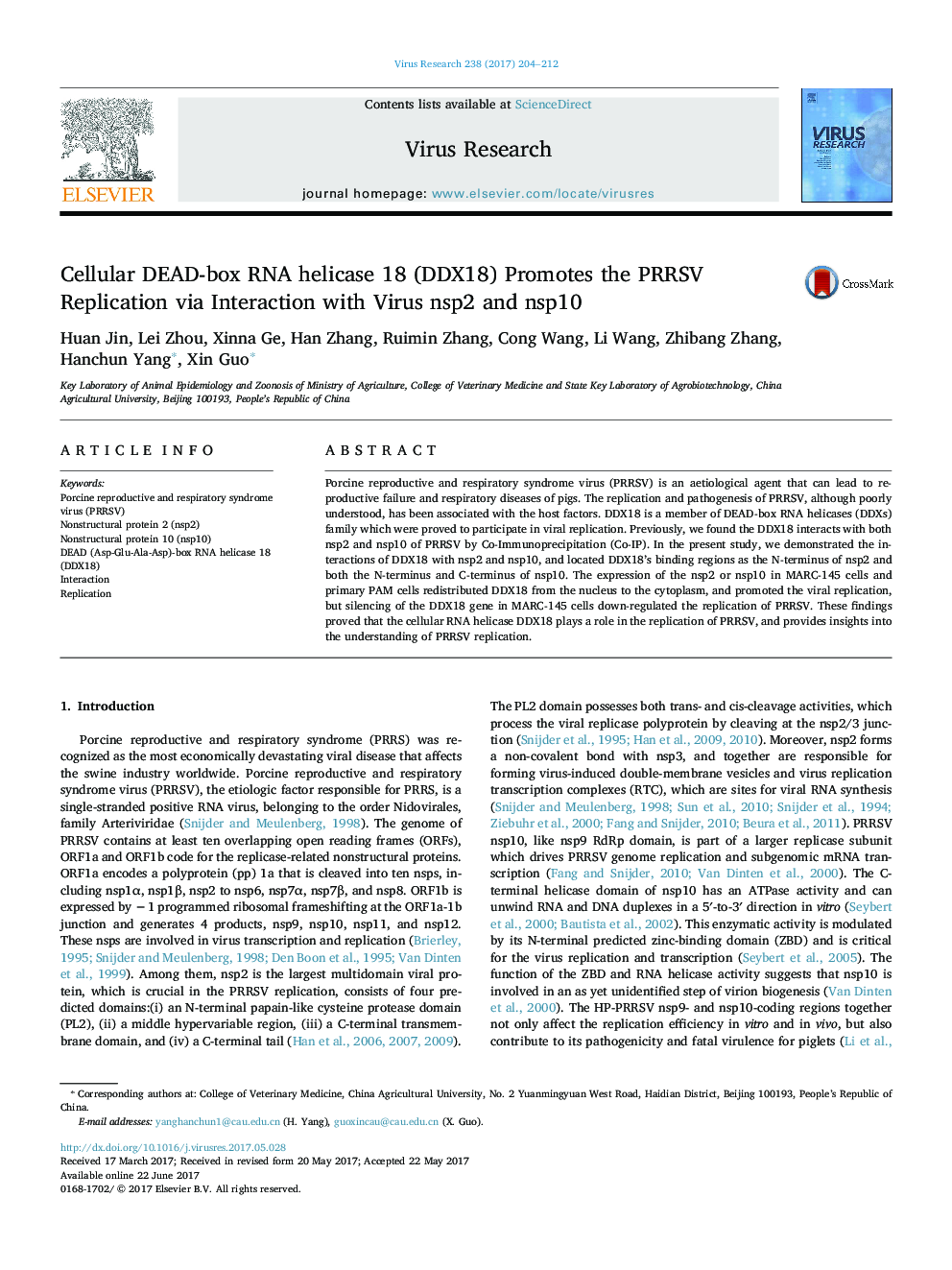 Cellular DEAD-box RNA helicase 18 (DDX18) Promotes the PRRSV Replication via Interaction with Virus nsp2 and nsp10