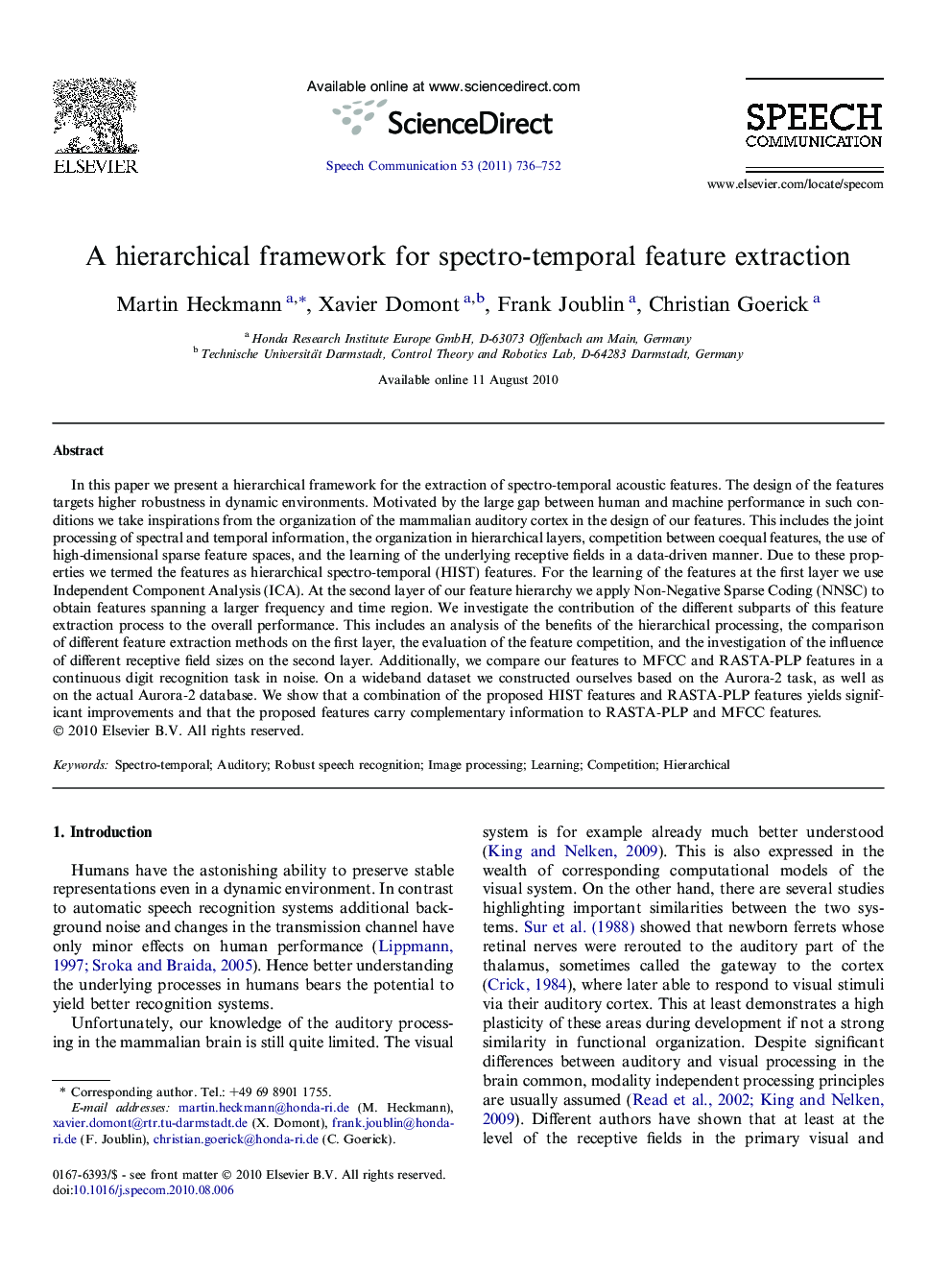 A hierarchical framework for spectro-temporal feature extraction