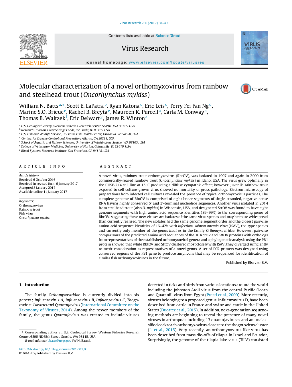 Molecular characterization of a novel orthomyxovirus from rainbow and steelhead trout (Oncorhynchus mykiss)