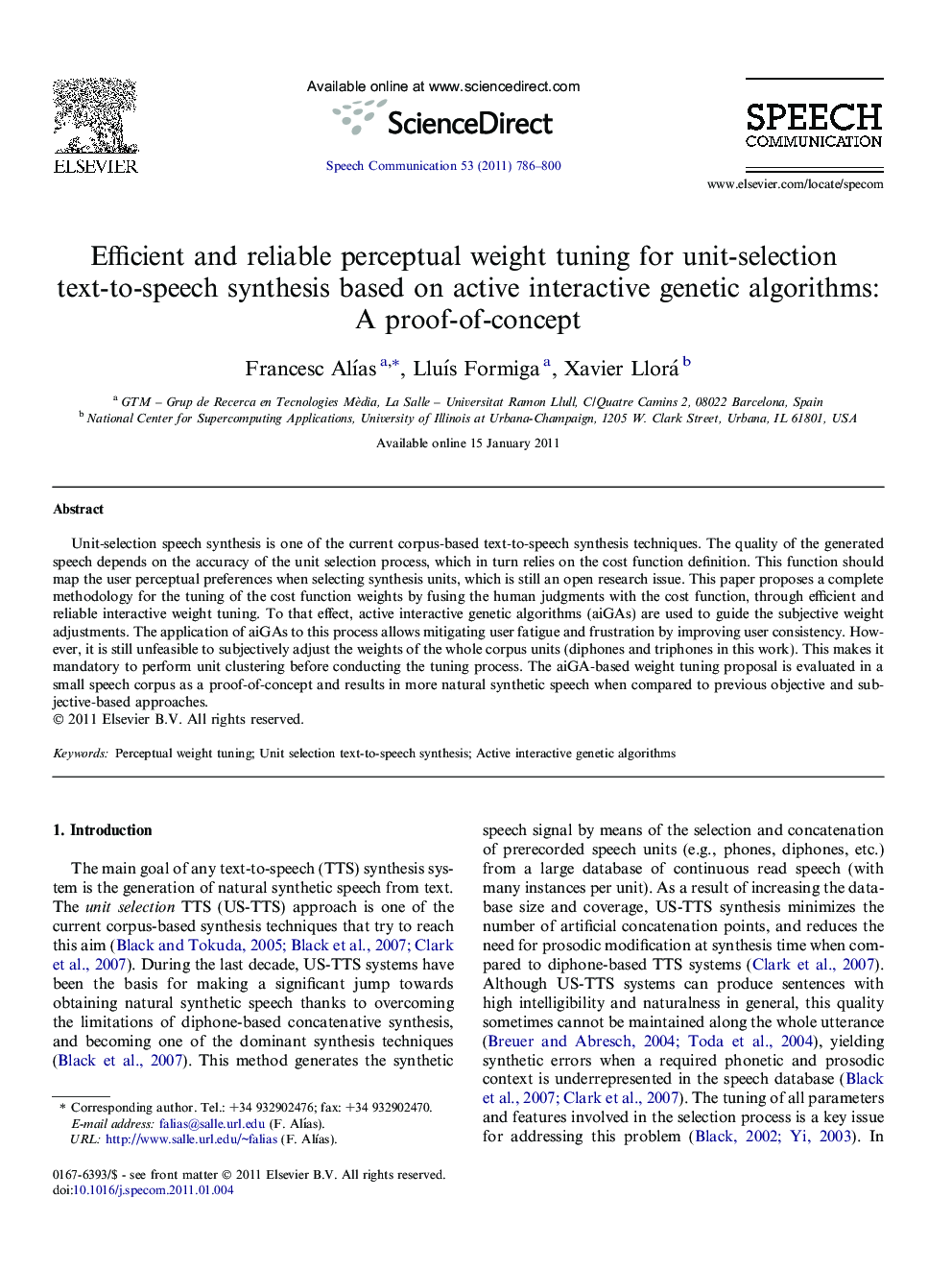 Efficient and reliable perceptual weight tuning for unit-selection text-to-speech synthesis based on active interactive genetic algorithms: A proof-of-concept