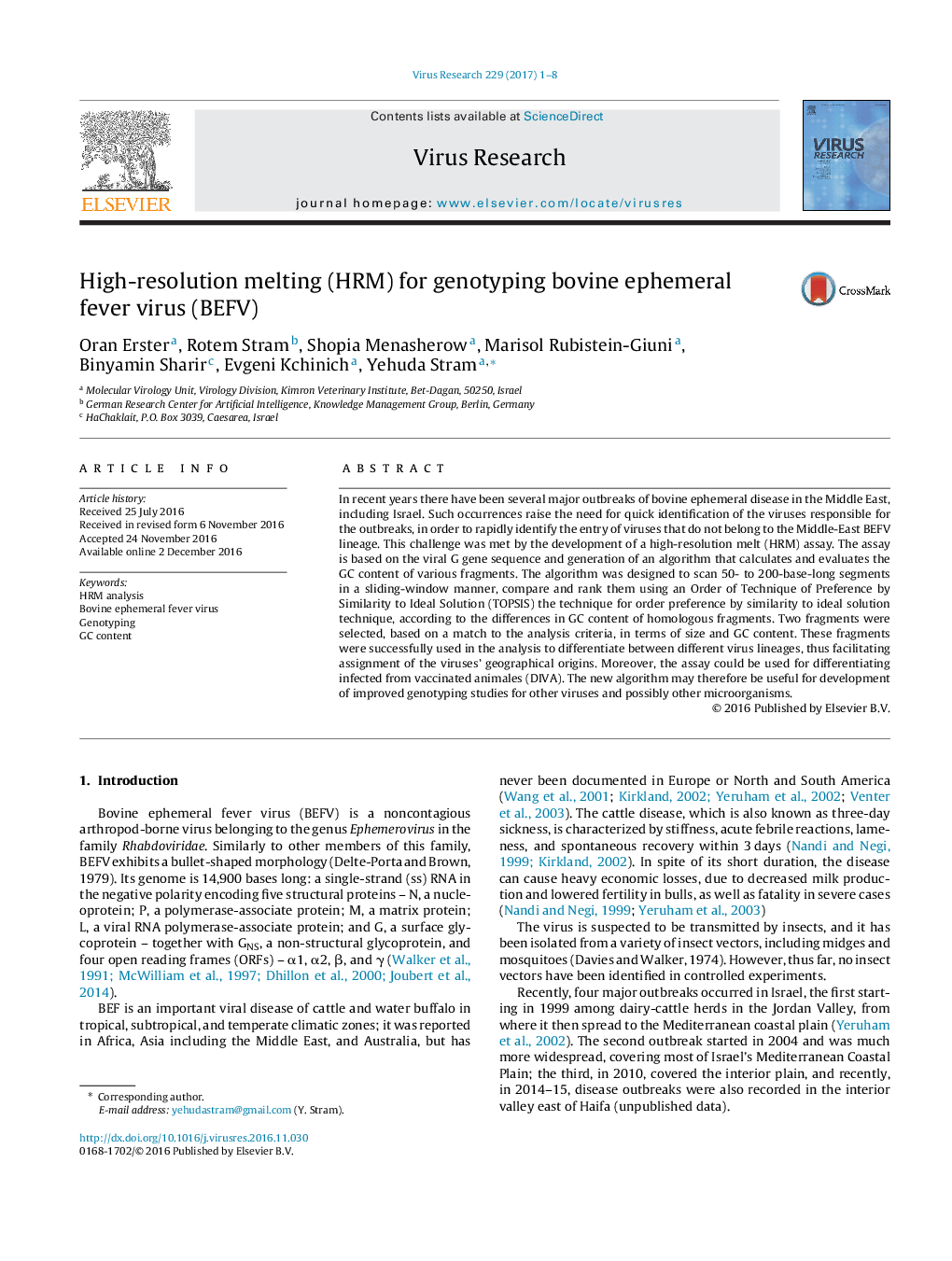 High-resolution melting (HRM) for genotyping bovine ephemeral fever virus (BEFV)