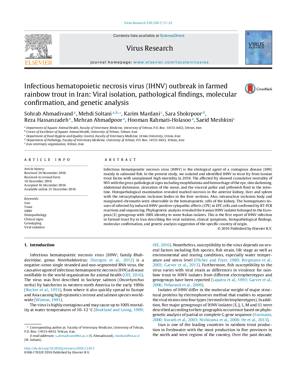 Infectious hematopoietic necrosis virus (IHNV) outbreak in farmed rainbow trout in Iran: Viral isolation, pathological findings, molecular confirmation, and genetic analysis