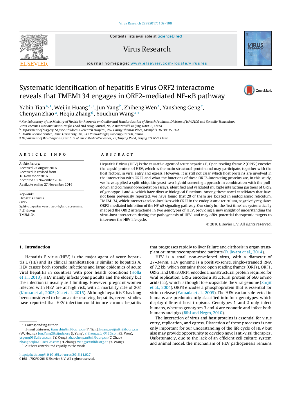 Systematic identification of hepatitis E virus ORF2 interactome reveals that TMEM134 engages in ORF2-mediated NF-ÎºB pathway