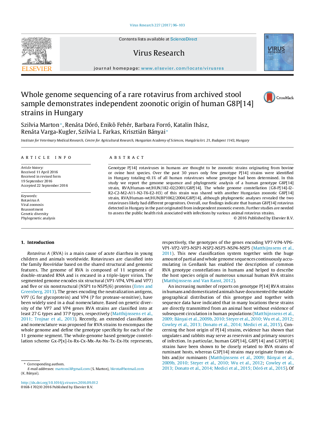 Whole genome sequencing of a rare rotavirus from archived stool sample demonstrates independent zoonotic origin of human G8P[14] strains in Hungary