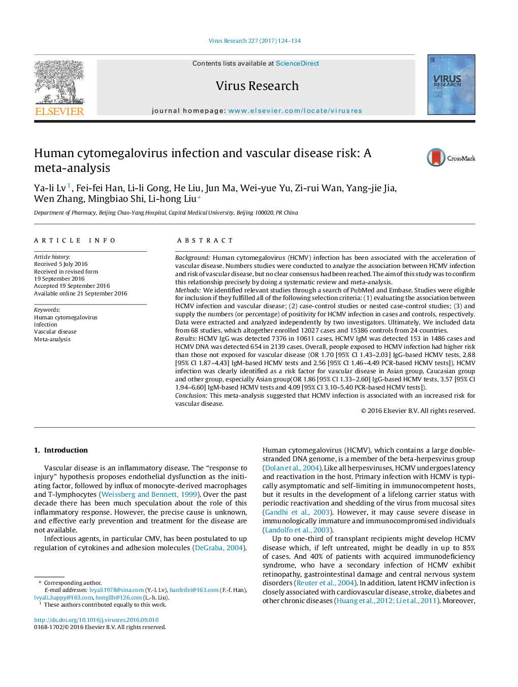 Human cytomegalovirus infection and vascular disease risk: A meta-analysis