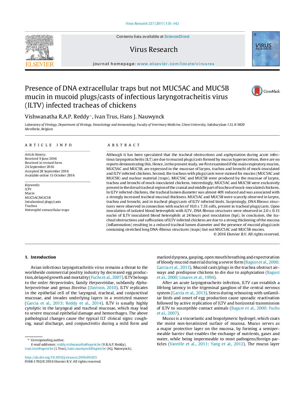 Presence of DNA extracellular traps but not MUC5AC and MUC5B mucin in mucoid plugs/casts of infectious laryngotracheitis virus (ILTV) infected tracheas of chickens