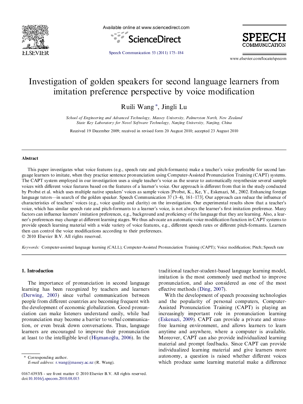 Investigation of golden speakers for second language learners from imitation preference perspective by voice modification