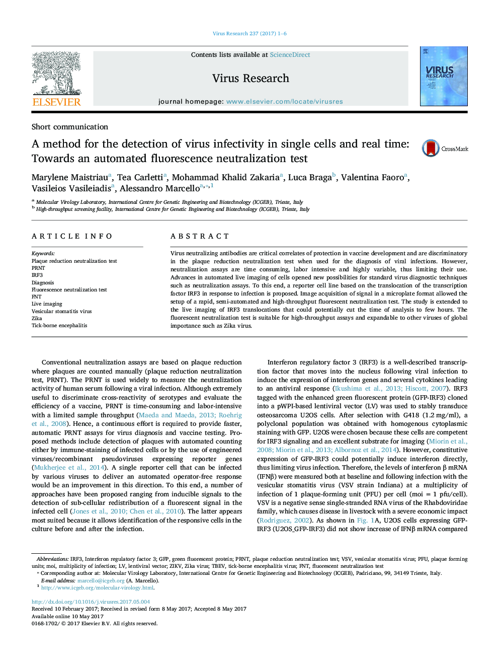 A method for the detection of virus infectivity in single cells and real time: Towards an automated fluorescence neutralization test