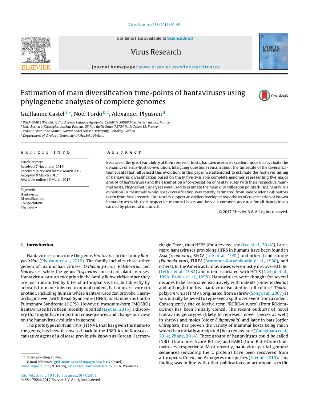 Estimation of main diversification time-points of hantaviruses using phylogenetic analyses of complete genomes