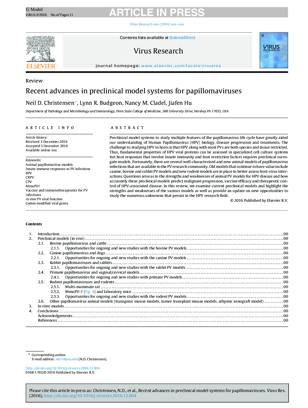 Recent advances in preclinical model systems for papillomaviruses