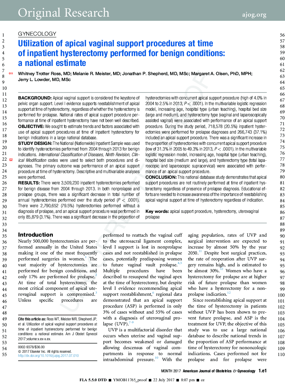 Utilization of apical vaginal support procedures at time ofÂ inpatient hysterectomy performed for benign conditions: a national estimate