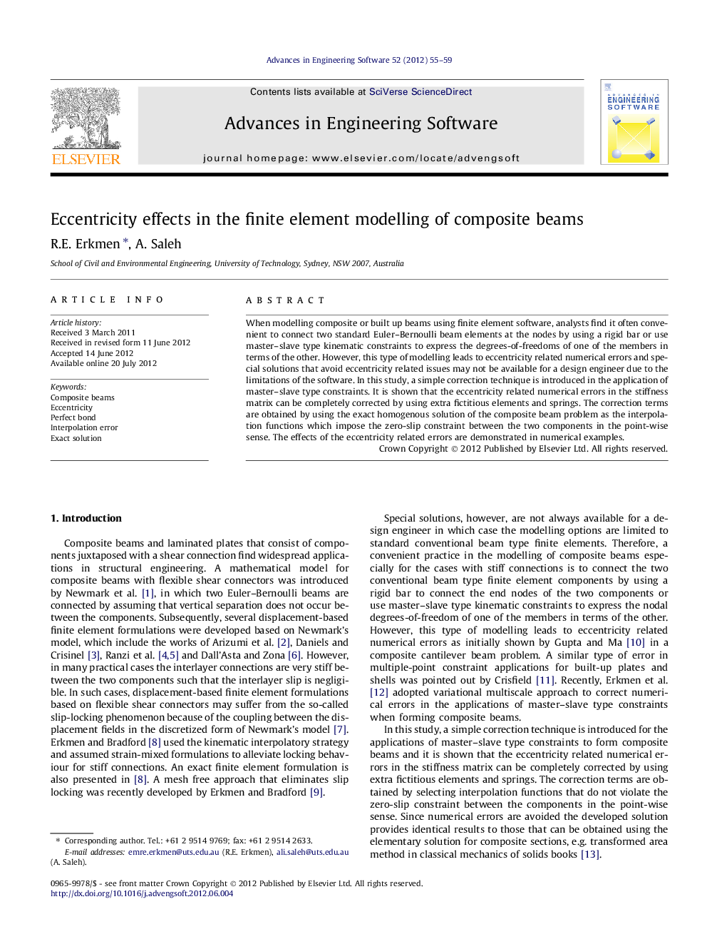 Eccentricity effects in the finite element modelling of composite beams