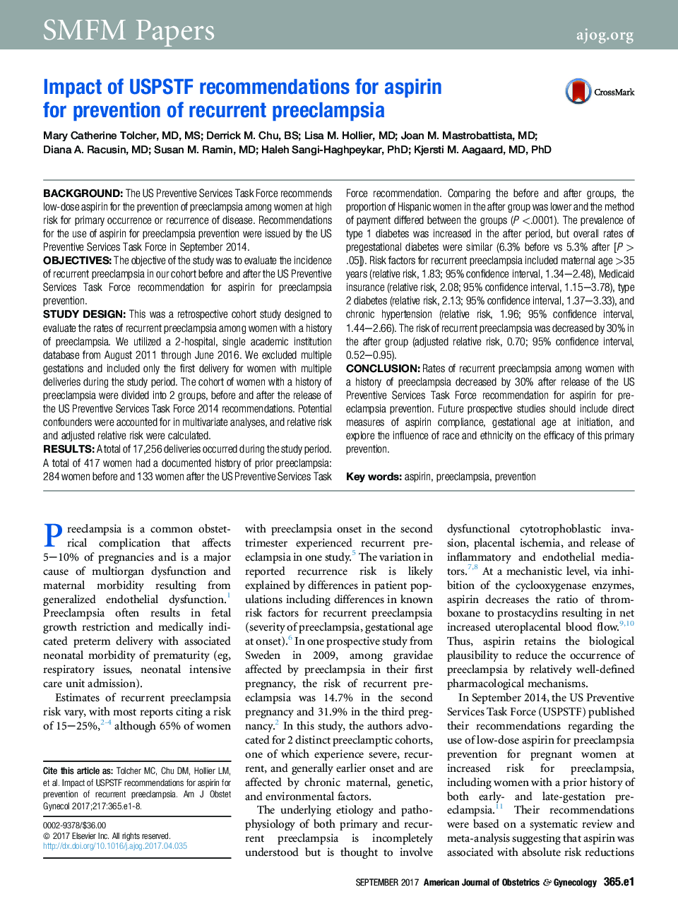 Impact of USPSTF recommendations for aspirin forÂ prevention of recurrent preeclampsia