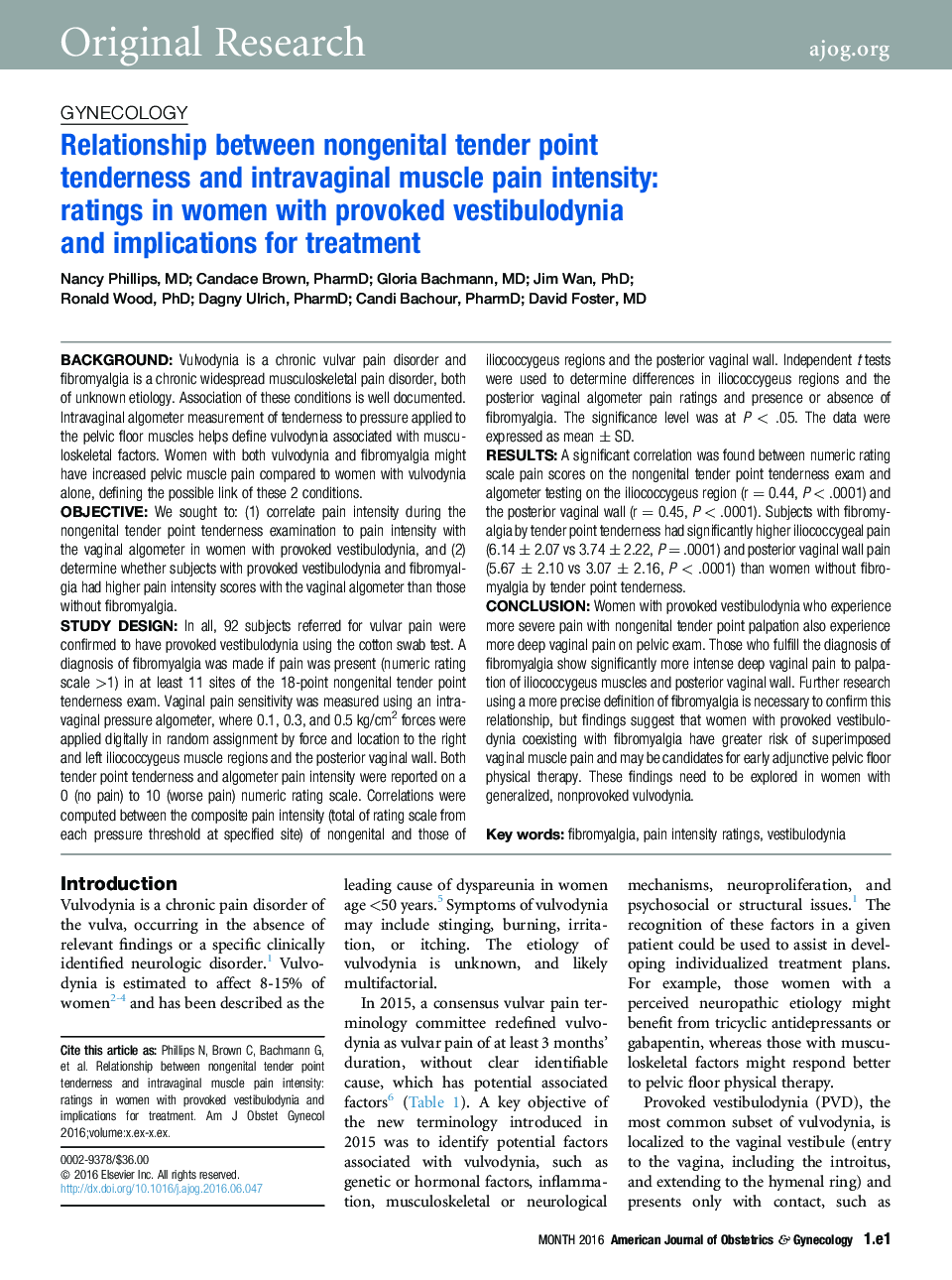 Relationship between nongenital tender point tendernessÂ and intravaginal muscle pain intensity: ratingsÂ in women with provoked vestibulodynia andÂ implications for treatment