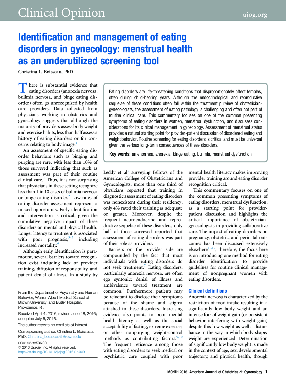 Identification and management of eating disordersÂ in gynecology: menstrual health asÂ an underutilized screening tool