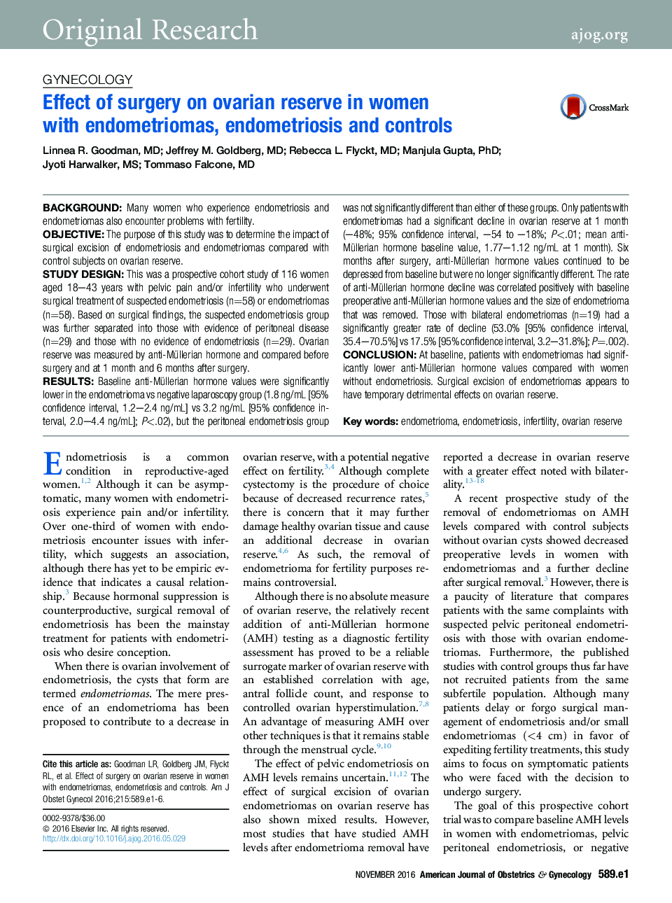 Effect of surgery on ovarian reserve in women withÂ endometriomas, endometriosis and controls