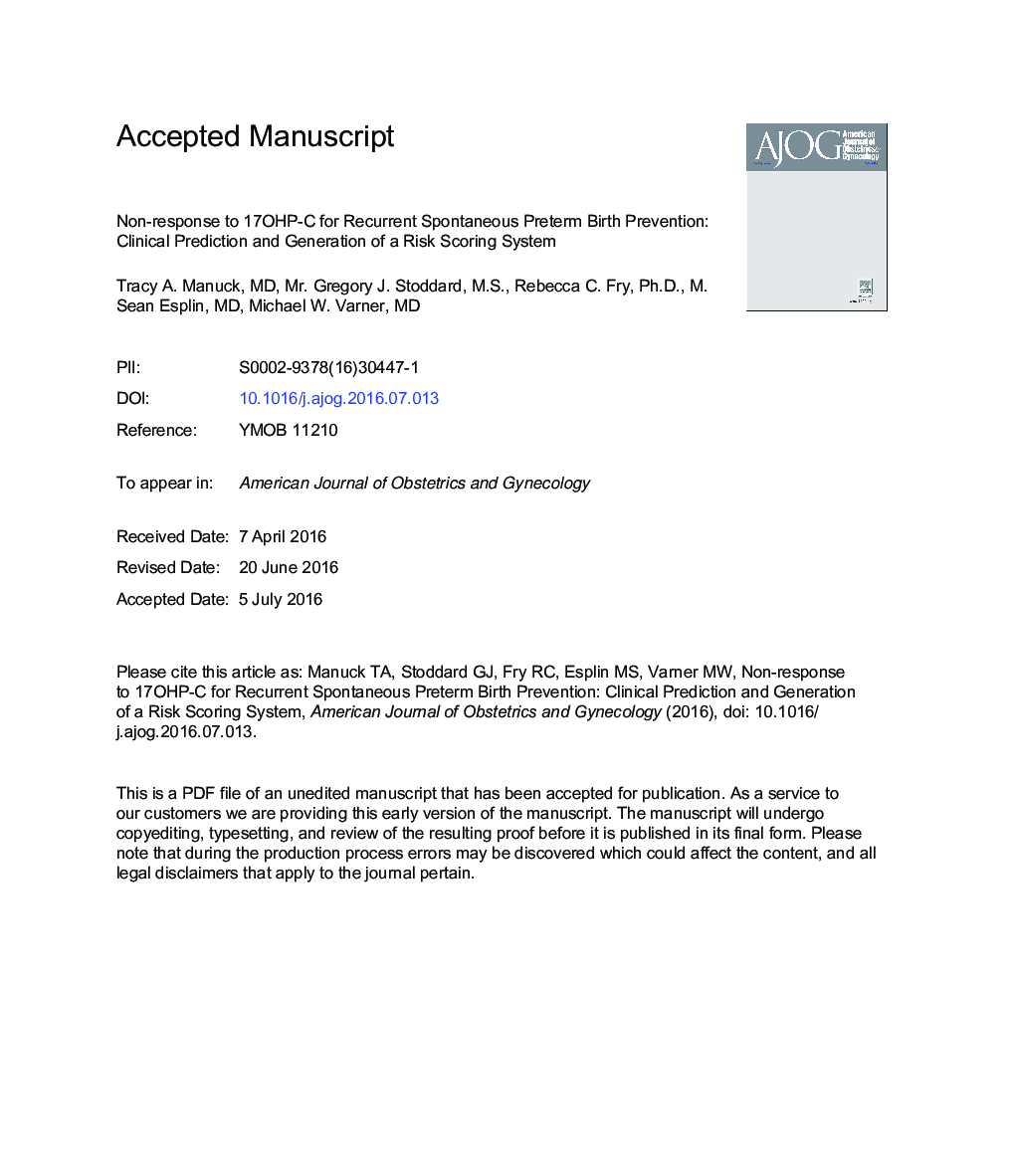 Nonresponse to 17-alpha hydroxyprogesterone caproate for recurrent spontaneous preterm birth prevention: clinical prediction and generation of a risk scoring system