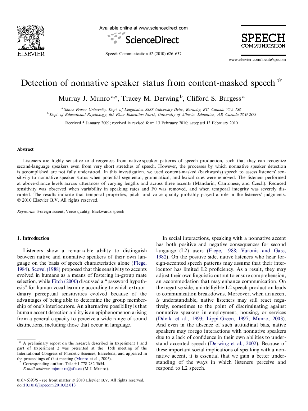 Detection of nonnative speaker status from content-masked speech 