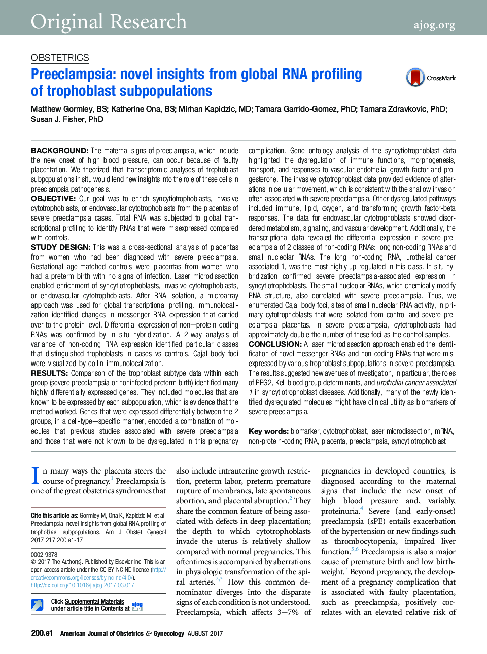 Preeclampsia: novel insights from global RNA profiling ofÂ trophoblast subpopulations