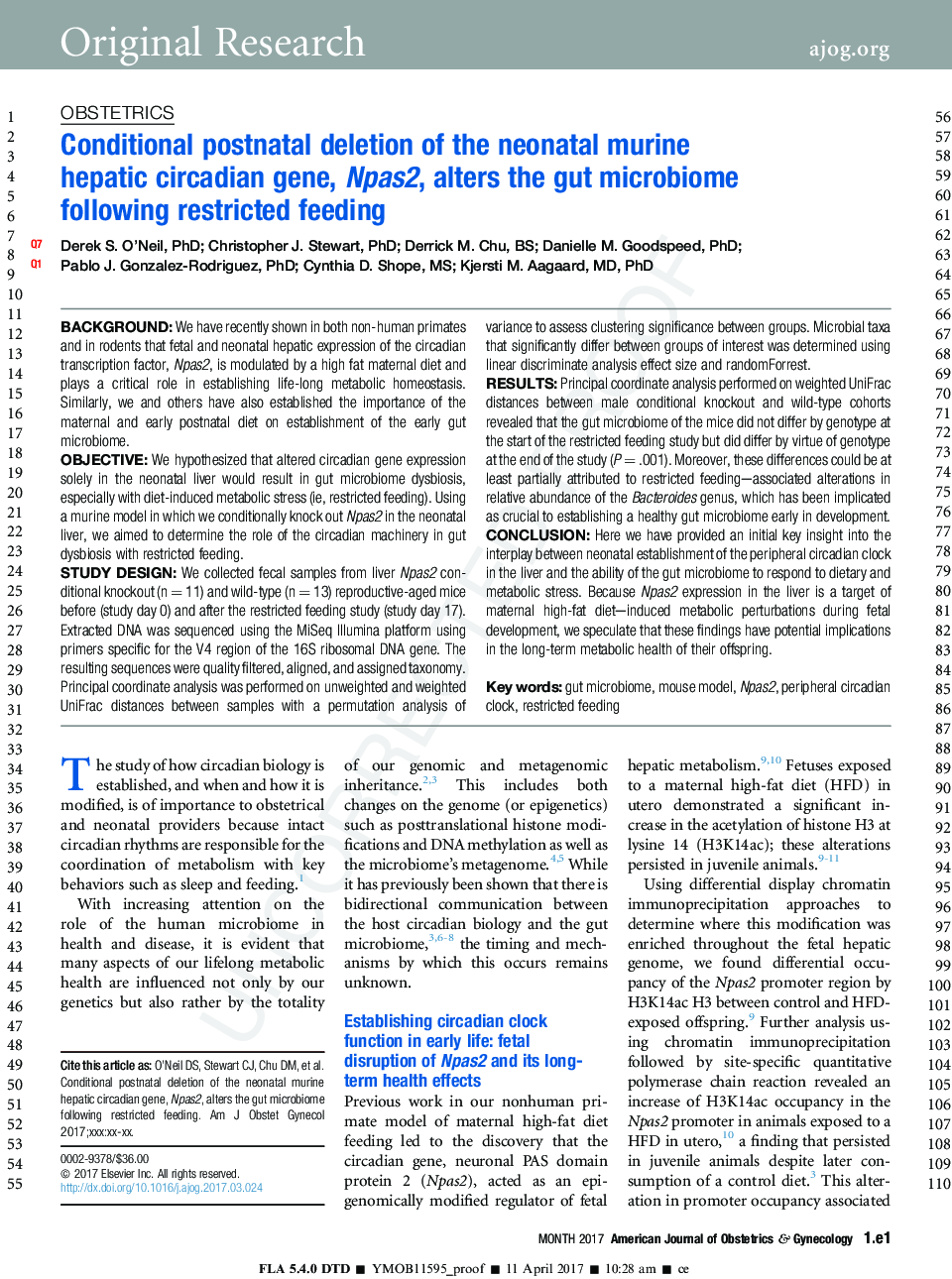 Conditional postnatal deletion of the neonatal murine hepatic circadian gene, Npas2, alters the gut microbiome following restricted feeding