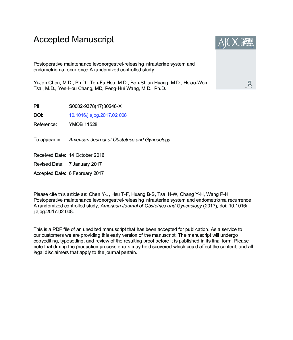 Postoperative maintenance levonorgestrel-releasing intrauterine system and endometrioma recurrence: aÂ randomized controlled study