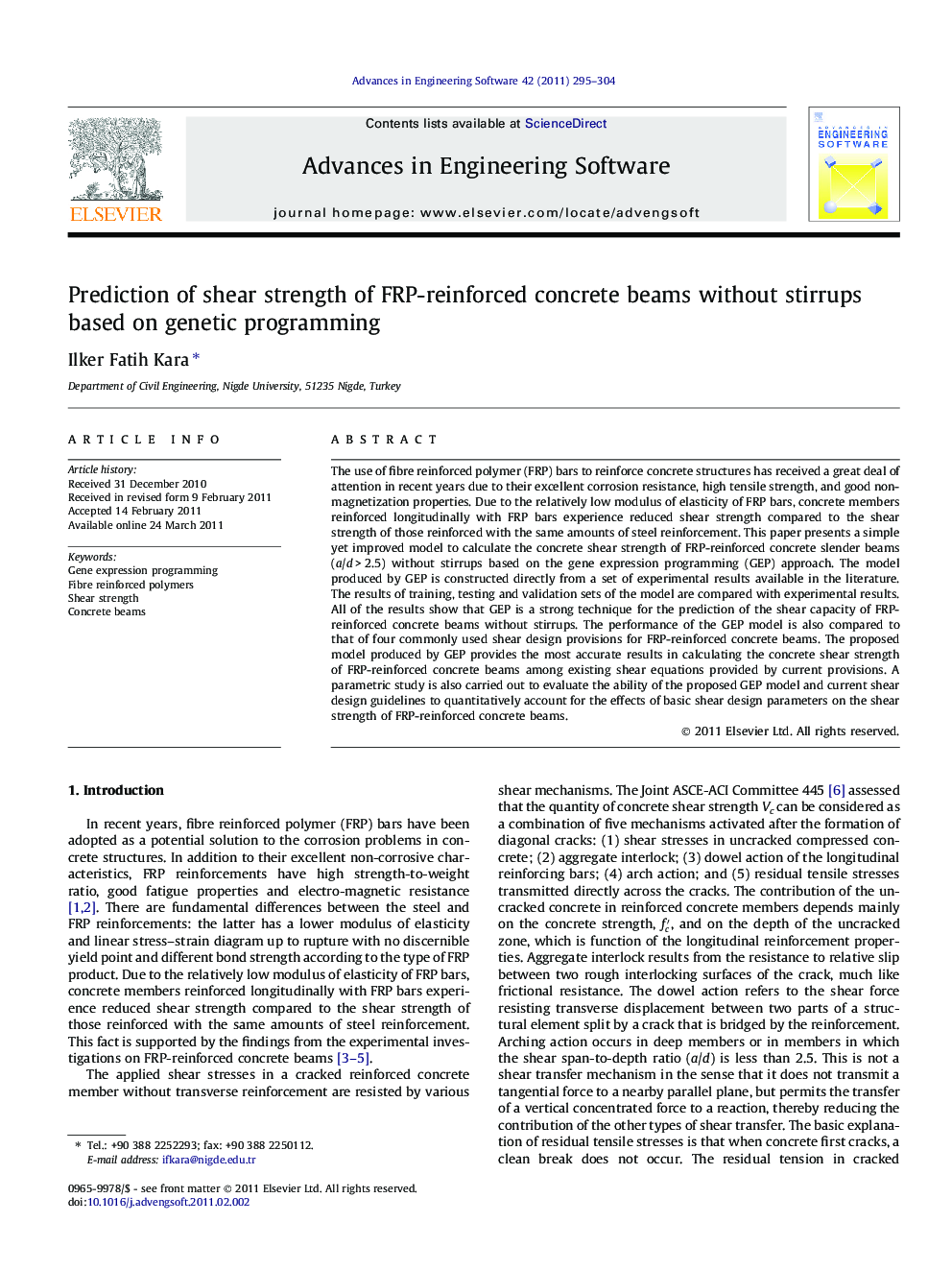 Prediction of shear strength of FRP-reinforced concrete beams without stirrups based on genetic programming