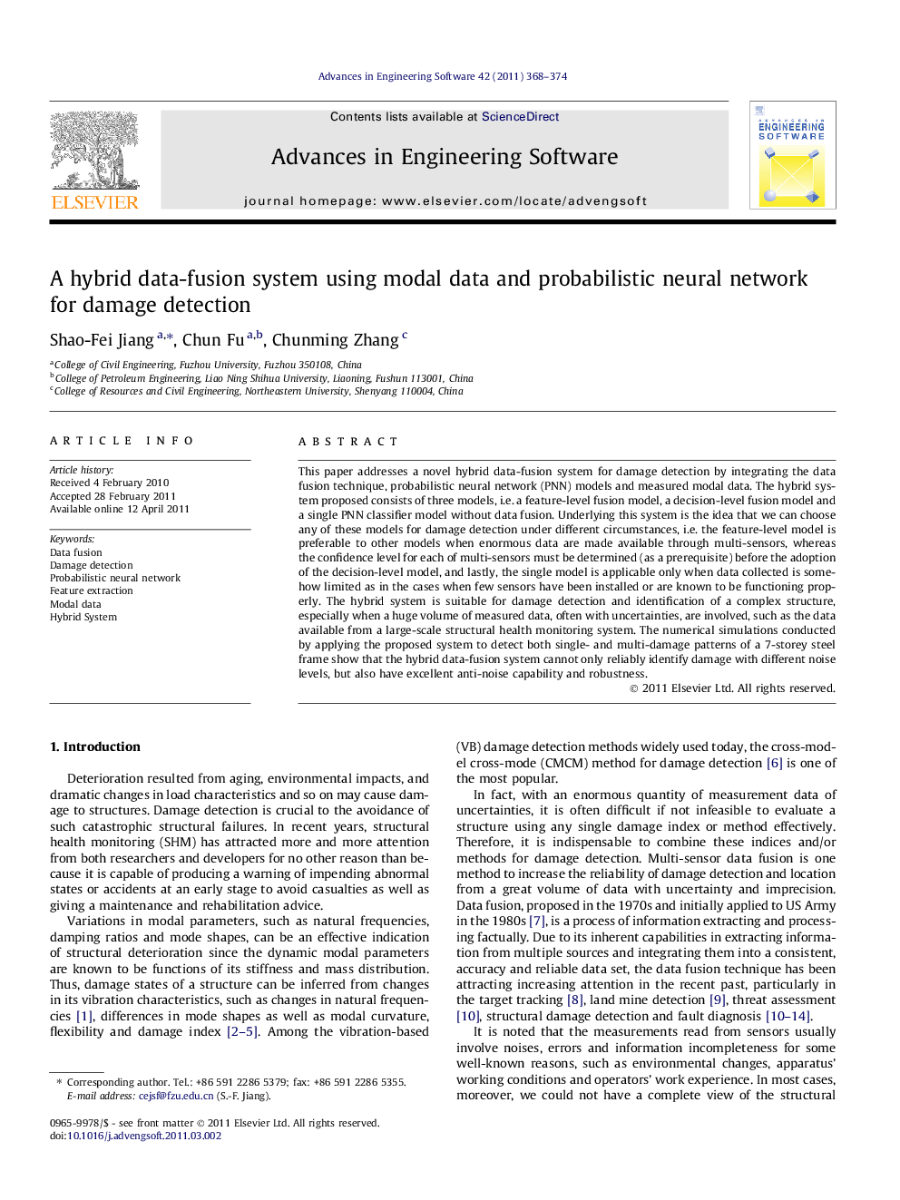 A hybrid data-fusion system using modal data and probabilistic neural network for damage detection