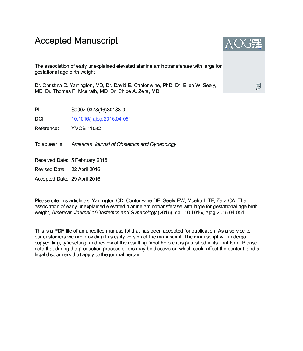 The association of early unexplained elevated alanine aminotransferase with large-for-gestational-age birthweight