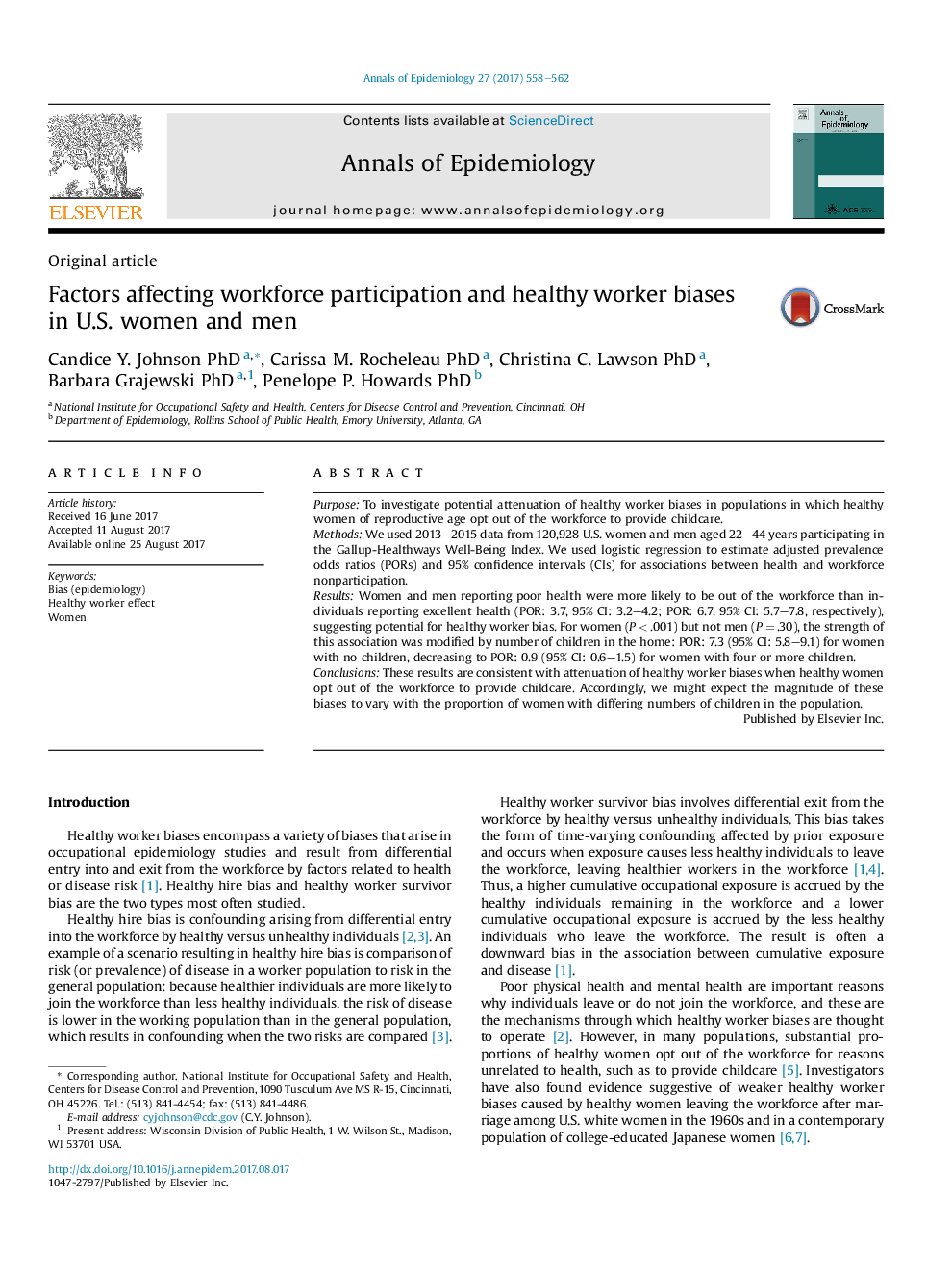 Factors affecting workforce participation and healthy worker biases in U.S. women and men