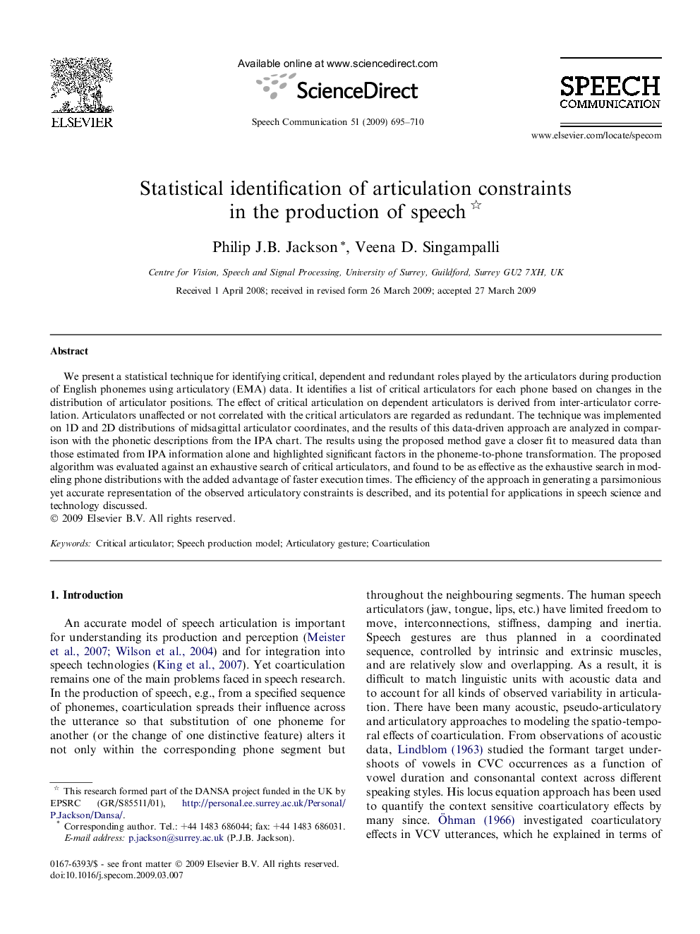 Statistical identification of articulation constraints in the production of speech 