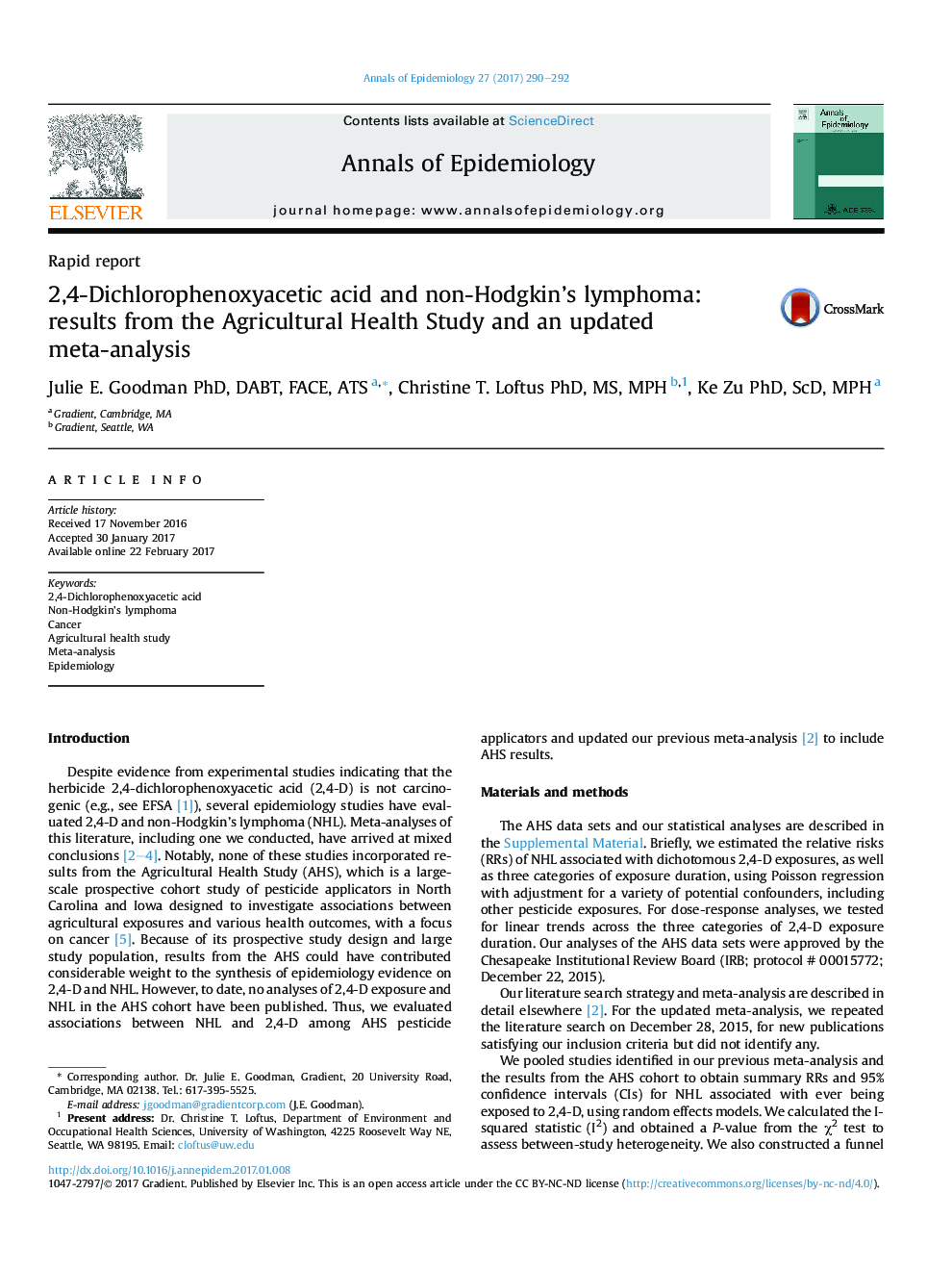 2,4-Dichlorophenoxyacetic acid and non-Hodgkin's lymphoma: results from the Agricultural Health Study and an updated meta-analysis