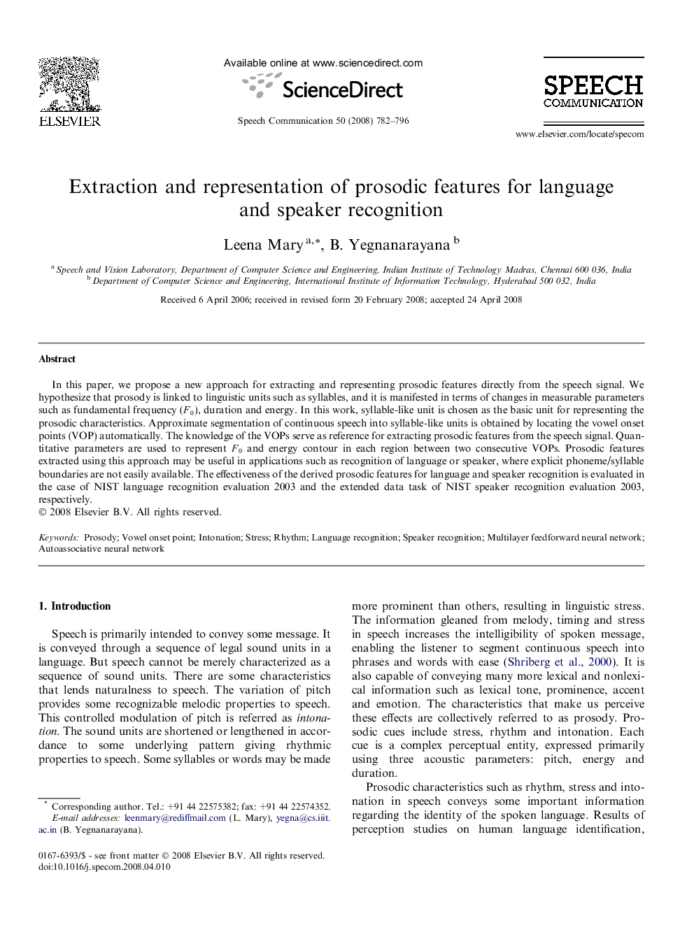 Extraction and representation of prosodic features for language and speaker recognition