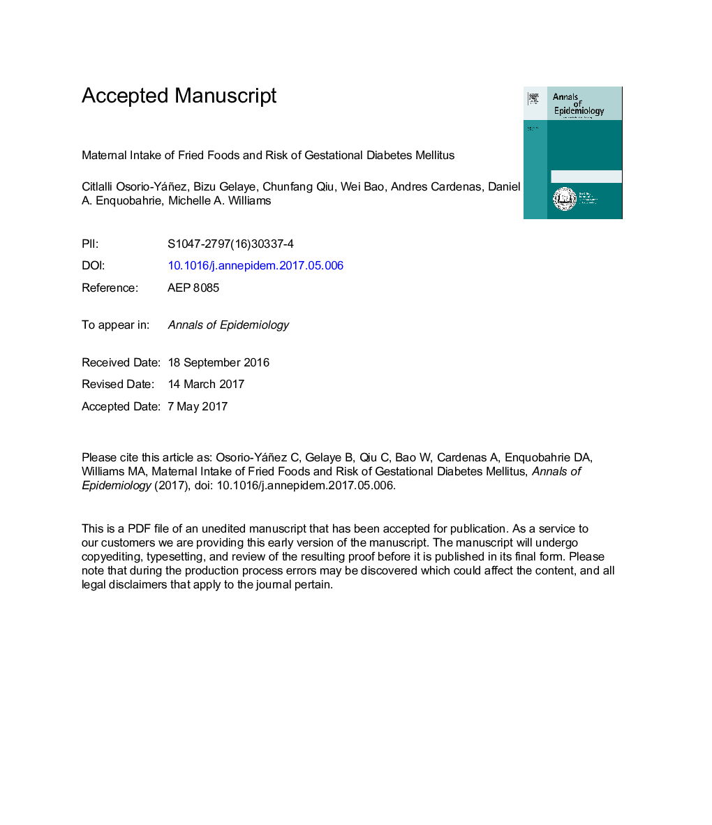 Maternal intake of fried foods and risk of gestational diabetes mellitus