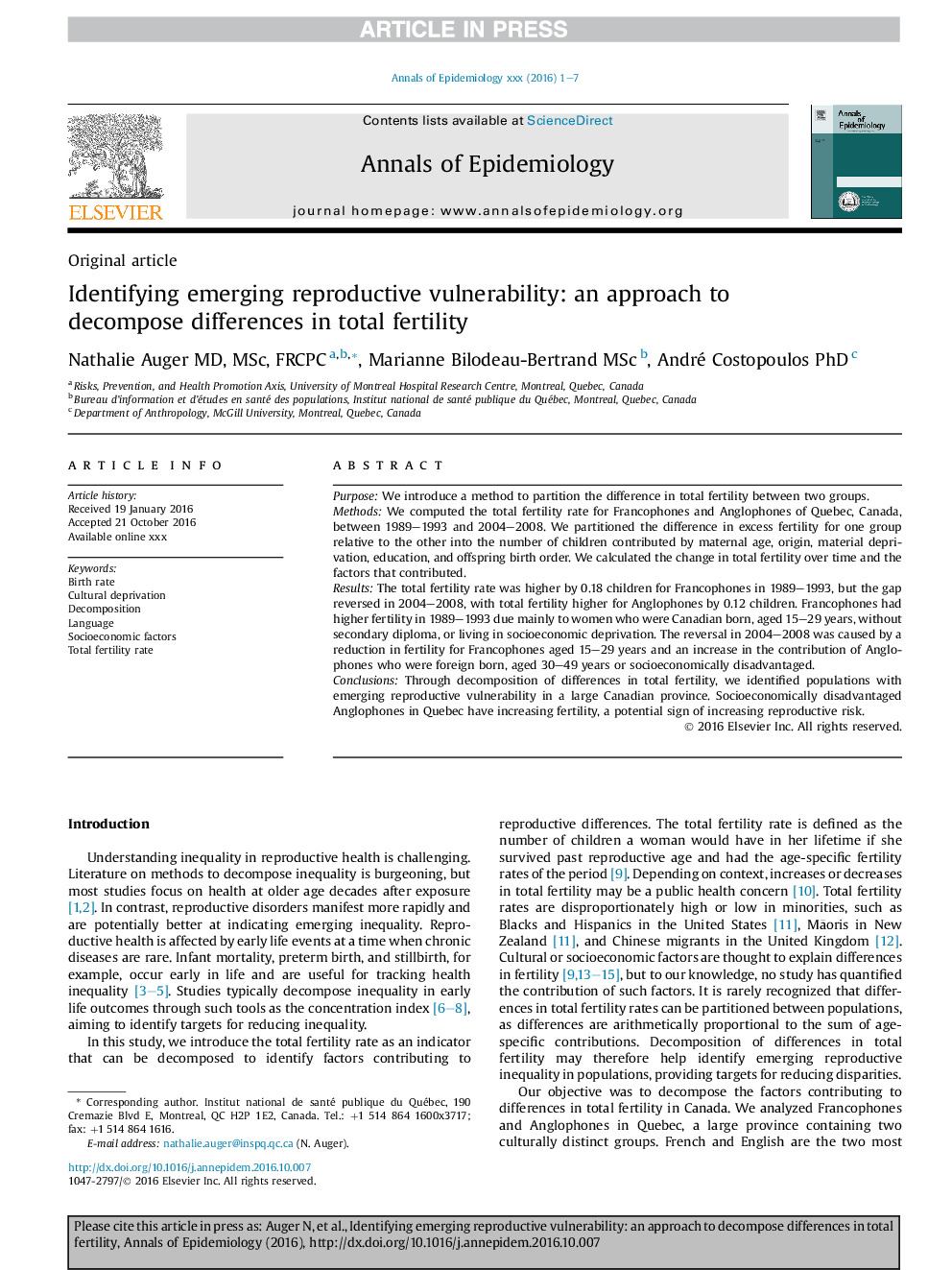 Identifying emerging reproductive vulnerability: an approach to decompose differences in total fertility