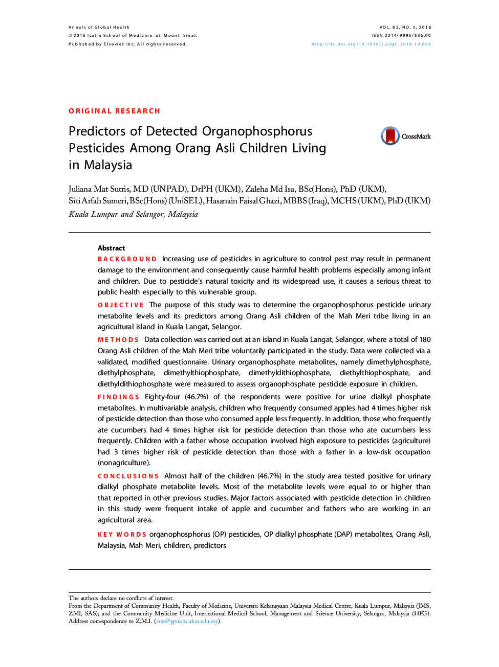 Predictors of Detected Organophosphorus Pesticides Among Orang Asli Children Living inÂ Malaysia