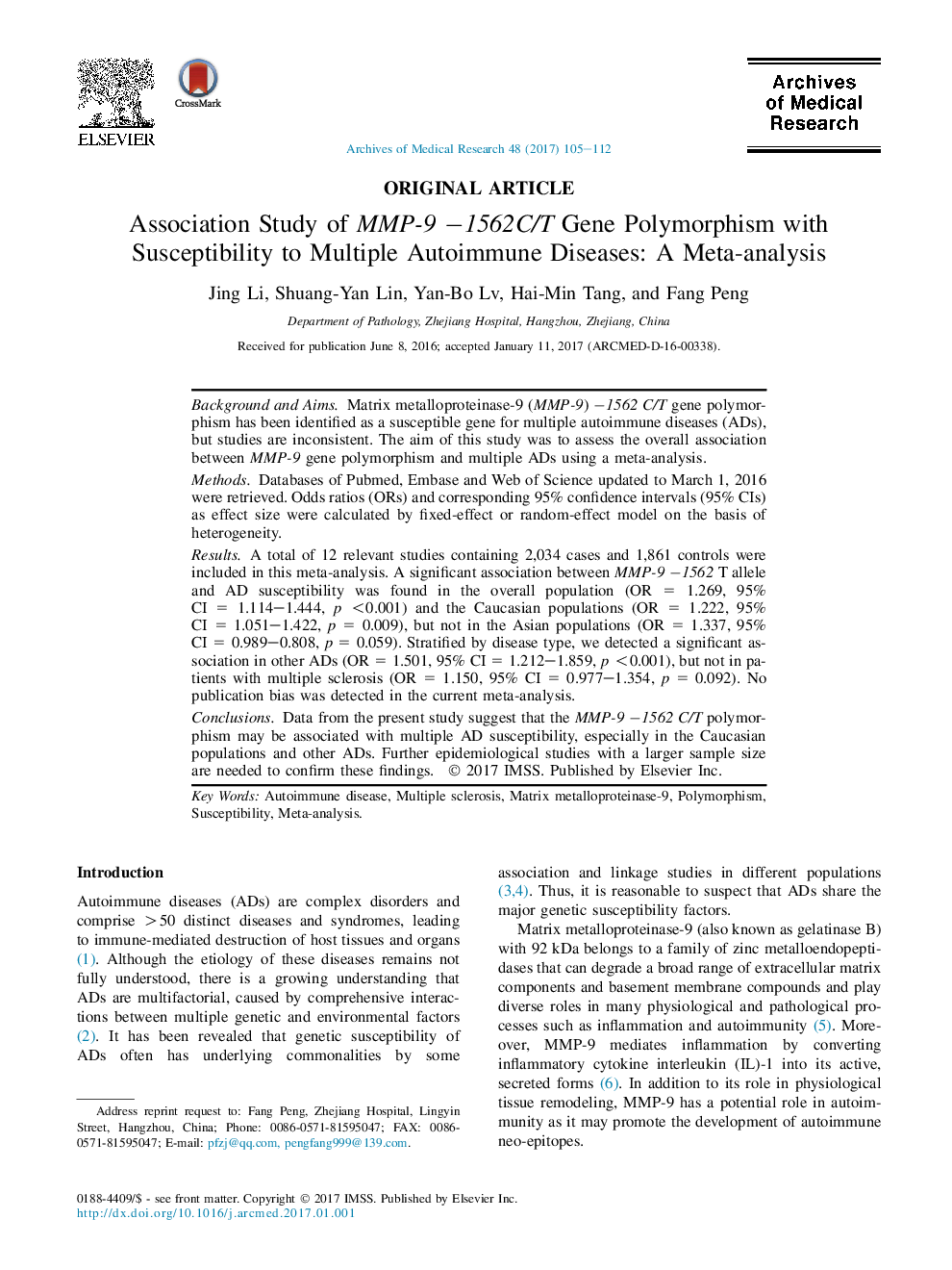 Association Study of MMP-9 â1562C/T Gene Polymorphism with Susceptibility to Multiple Autoimmune Diseases: A Meta-analysis