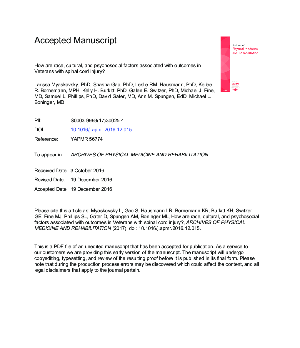 How Are Race, Cultural, and Psychosocial Factors Associated With Outcomes in Veterans With Spinal Cord Injury?