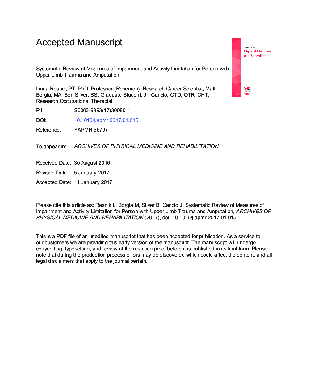 Systematic Review of Measures of Impairment and Activity Limitation for Persons With Upper Limb Trauma and Amputation