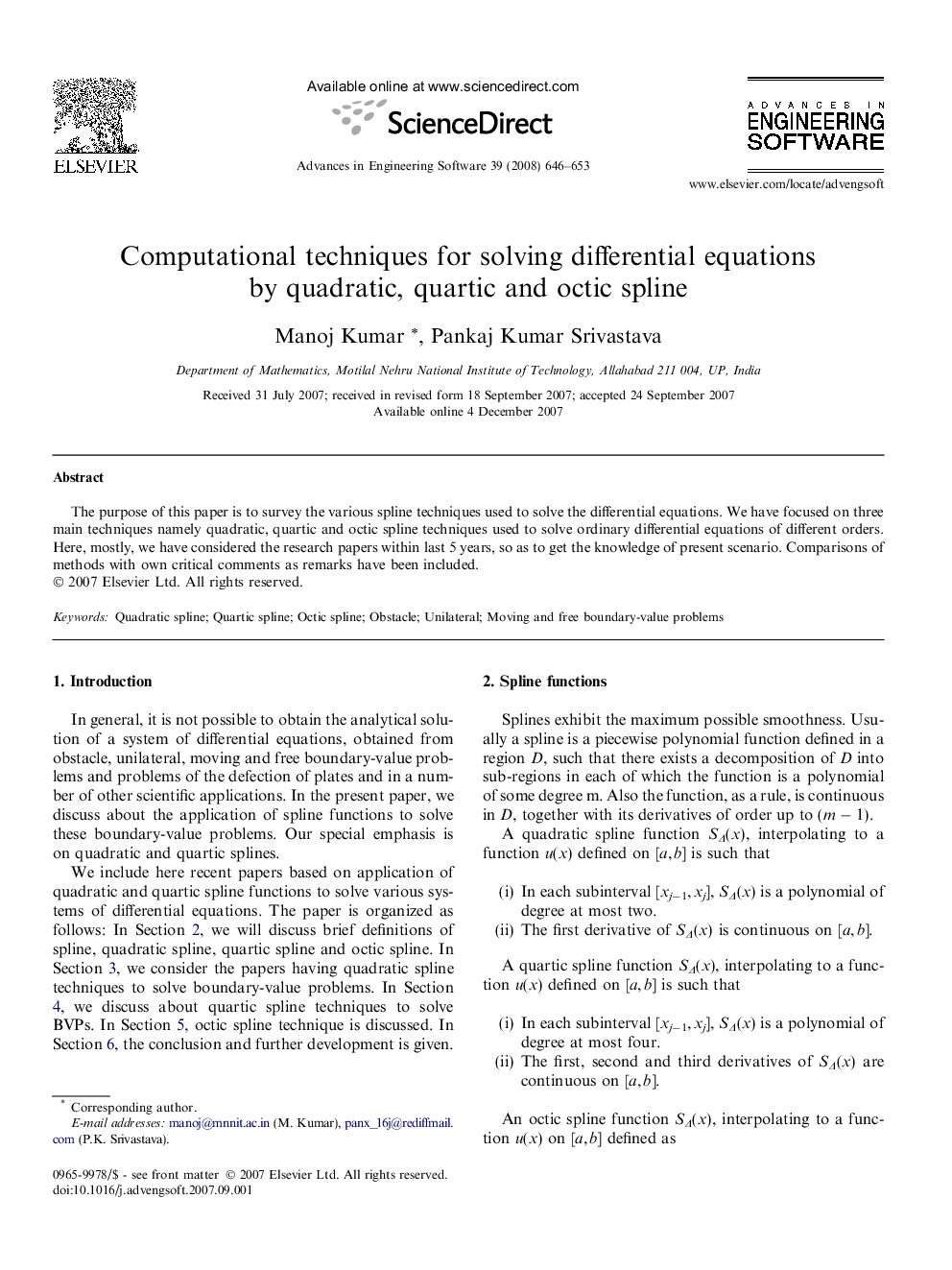 Computational techniques for solving differential equations by quadratic, quartic and octic spline