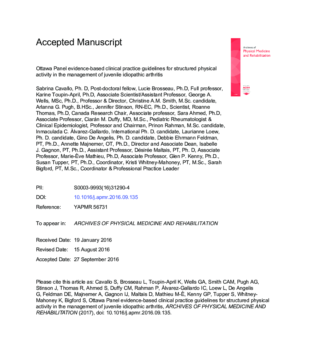 Ottawa Panel Evidence-Based Clinical Practice Guidelines for Structured Physical Activity in the Management of Juvenile Idiopathic Arthritis