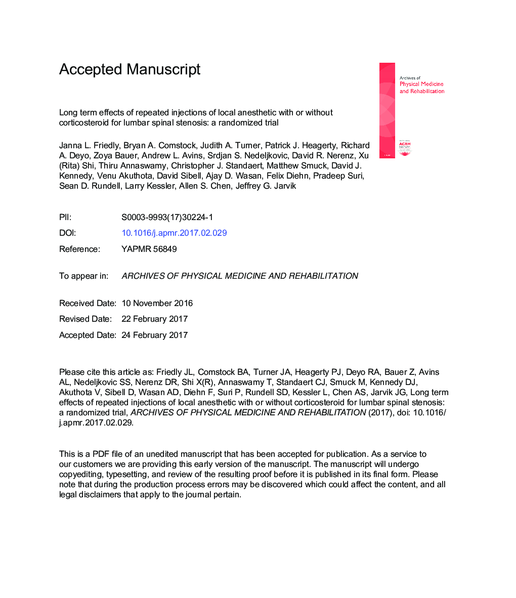 Long-Term Effects of Repeated Injections of Local Anesthetic With or Without Corticosteroid for Lumbar Spinal Stenosis: A Randomized Trial