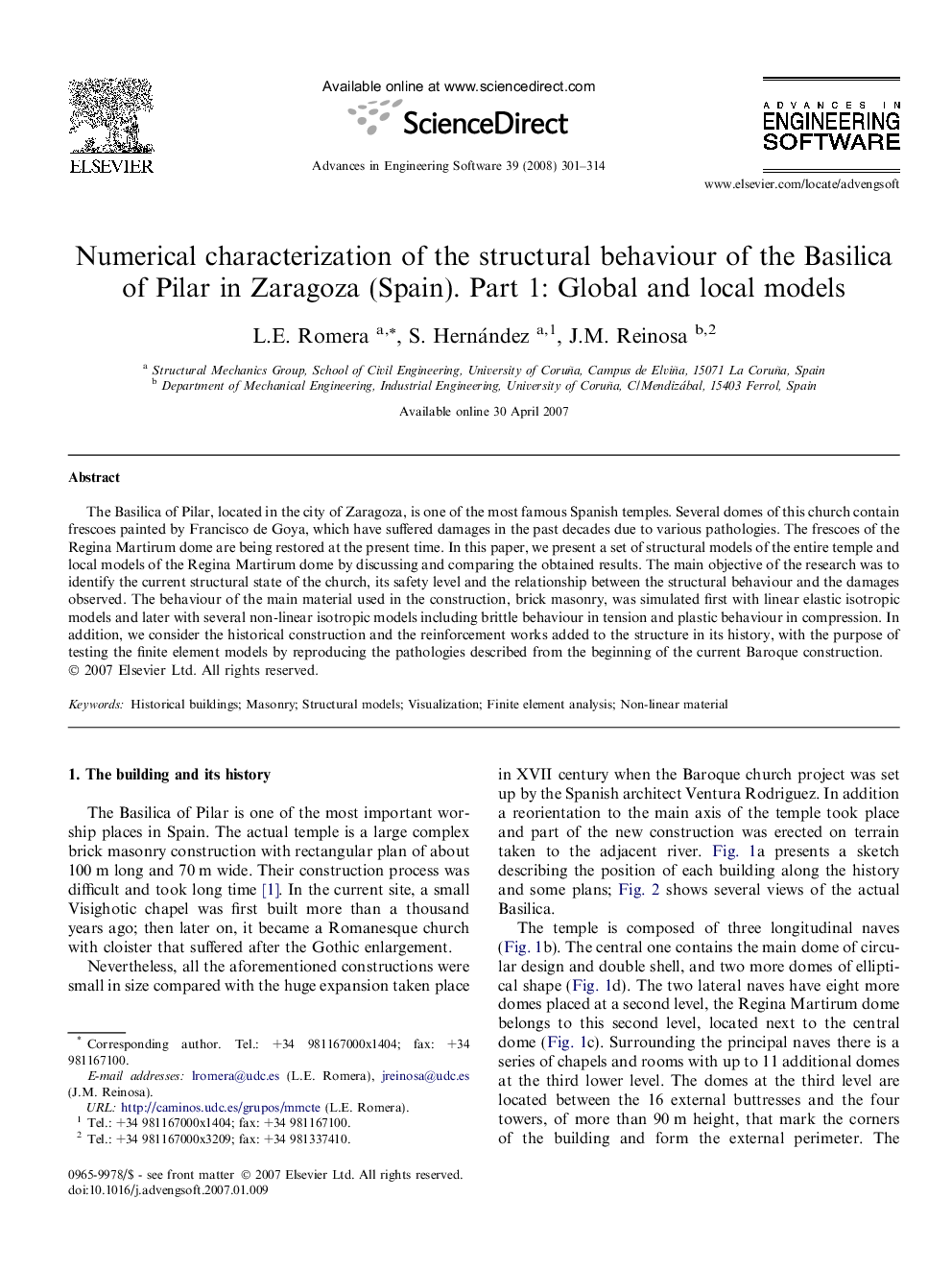 Numerical characterization of the structural behaviour of the Basilica of Pilar in Zaragoza (Spain). Part 1: Global and local models