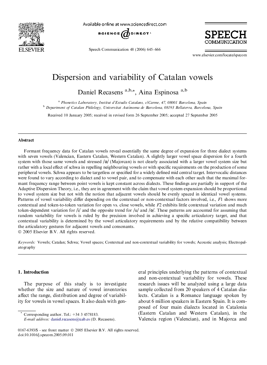 Dispersion and variability of Catalan vowels