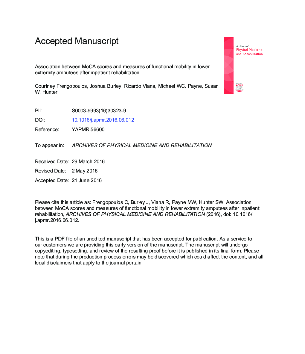 Association Between Montreal Cognitive Assessment Scores and Measures of Functional Mobility in Lower Extremity Amputees After Inpatient Rehabilitation