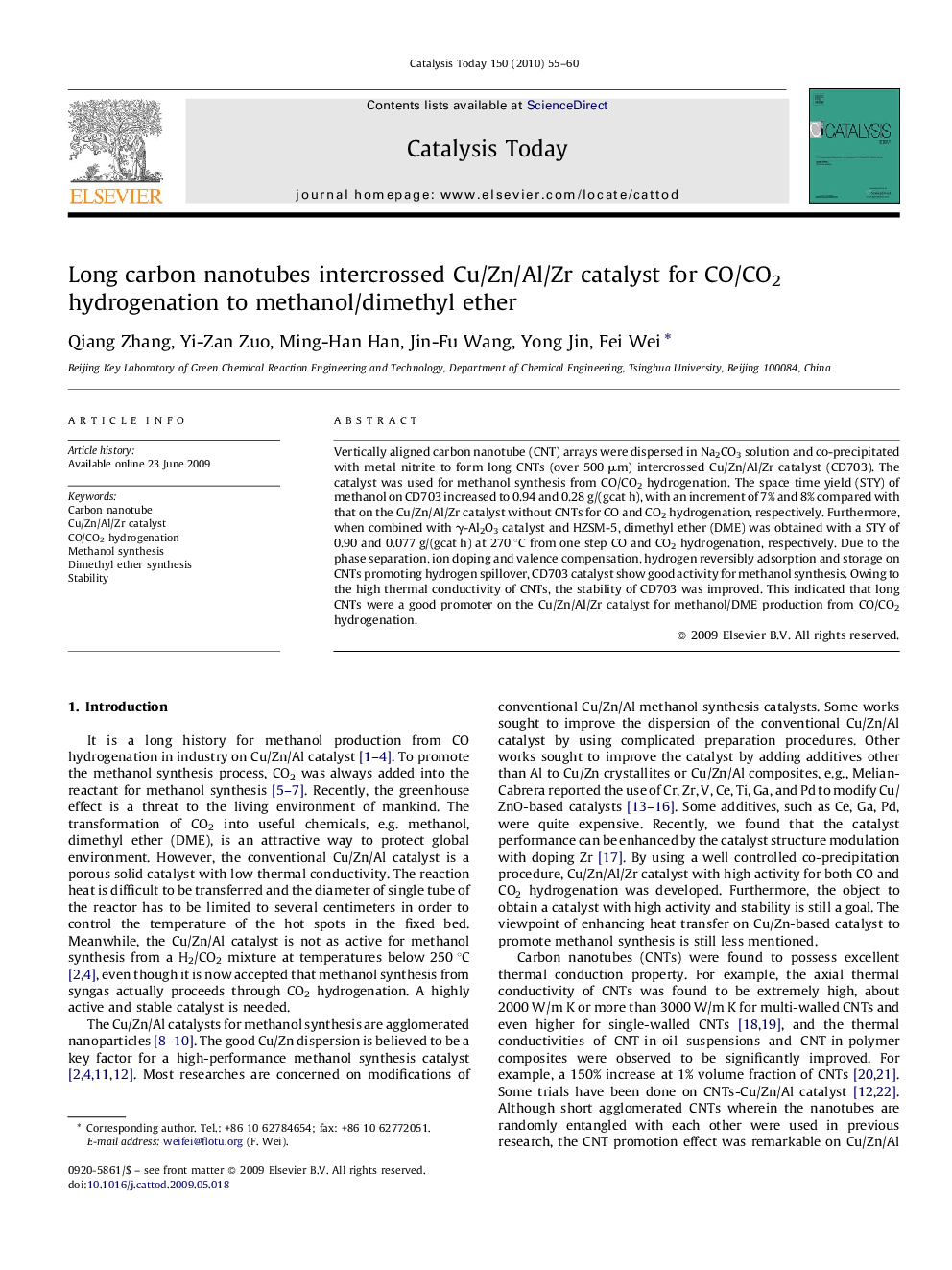 Long carbon nanotubes intercrossed Cu/Zn/Al/Zr catalyst for CO/CO2 hydrogenation to methanol/dimethyl ether