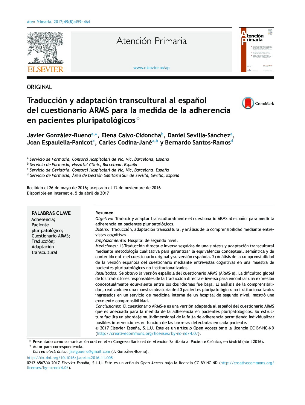 Traducción y adaptación transcultural al español del cuestionario ARMS para la medida de la adherencia en pacientes pluripatológicos