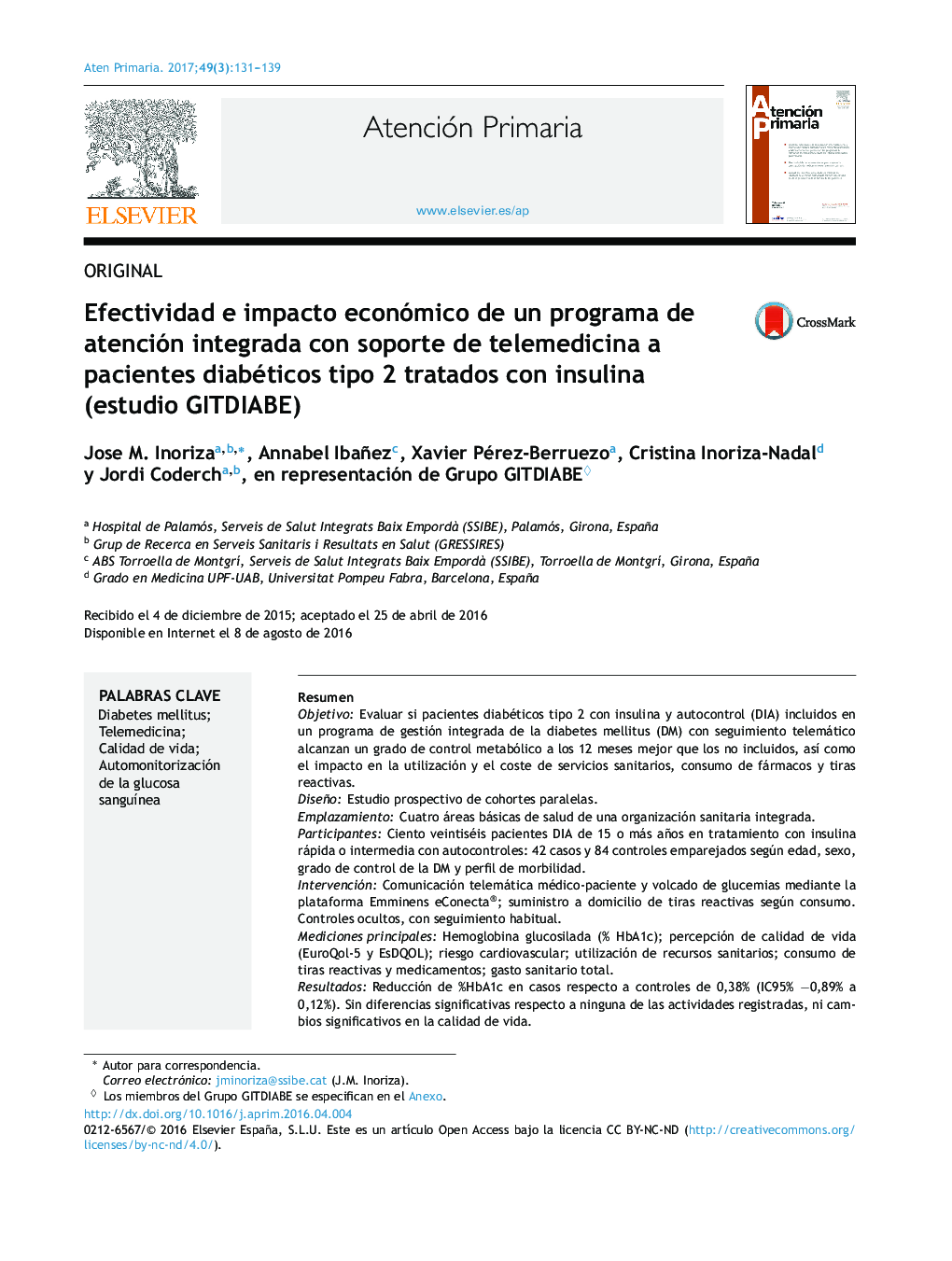 Efectividad e impacto económico de un programa de atención integrada con soporte de telemedicina a pacientes diabéticos tipo 2 tratados con insulina (estudio GITDIABE)