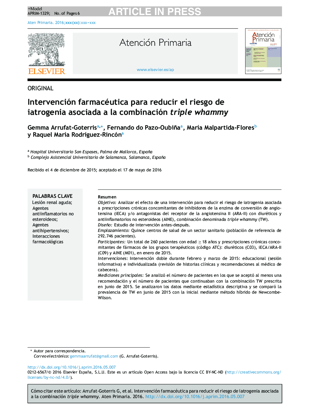 Intervención farmacéutica para reducir el riesgo de iatrogenia asociada a la combinación triple whammy