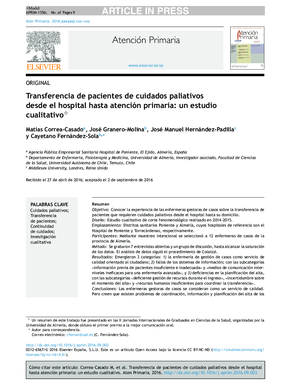 Transferencia de pacientes de cuidados paliativos desde el hospital hasta atención primaria: un estudio cualitativo