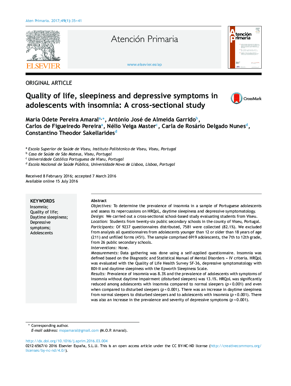 کیفیت زندگی، خواب آلودگی و نشانه های افسردگی در نوجوانان مبتلا به بی خوابی: یک مطالعه مقطعی 